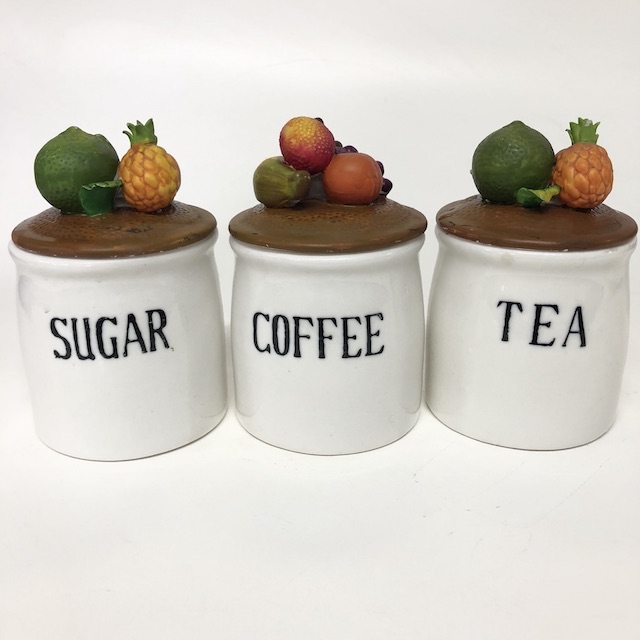 CANNISTER SET, White Ceramic w Fruity Lid (Set of 3) 